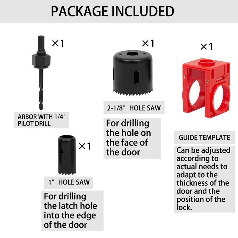 RKK Door Lock Installation Kit, Carbon-Steel Door Lock Hole Saw Door Knob Installation Kit for Deadbolts and Locksets for Wooden Doors with Guide Template - Image 2